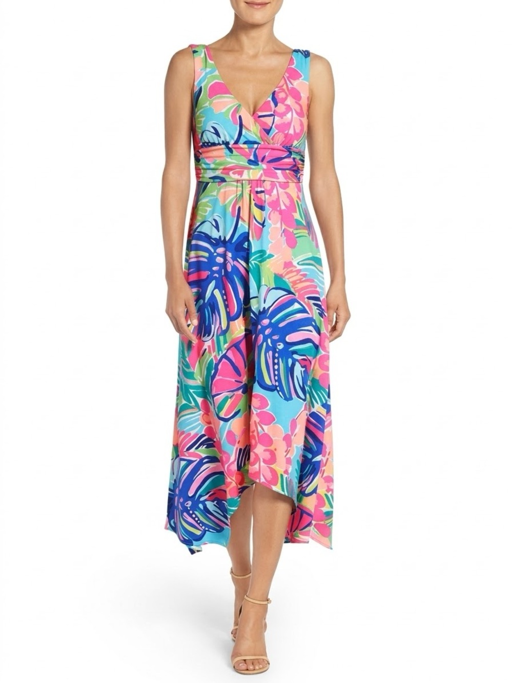 Lilly Pulitzer Sloane Multi Exotic Garden Handkerchief Hem Midi Dress - Large